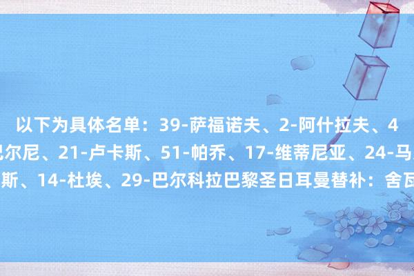 以下为具体名单:39-萨福诺夫、2-阿什拉夫、4-贝拉尔多、6-扎巴尔尼、21-卢卡斯、51-帕乔、17-维蒂尼亚、24-马尤卢、9-贡萨洛·拉莫斯、14-杜埃、29-巴尔科拉巴黎圣日耳曼替补:舍瓦利耶、马尔基尼奥斯、法比安、李刚仁、德罗、扎伊尔·埃梅里、若昂·内维斯、克瓦拉茨赫利亚、登贝莱 体育最新信息